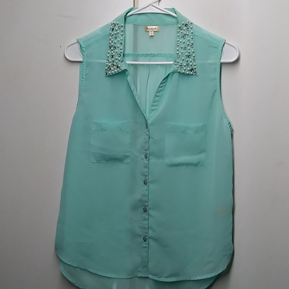 (Large) Marisol Tiffany Blue blouse, pearl studded
